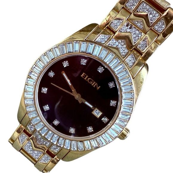 Elgin Gold Tone Watch with Crystal Accents & Black Dial – Needs Battery - Picture 5 of 17